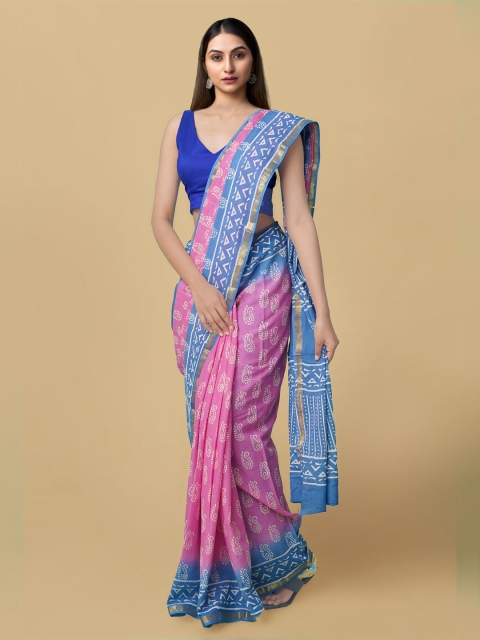 

Unnati Silks Pink & Blue Zari Pure Cotton Block Print Saree