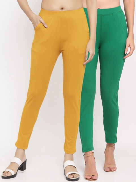 

NEUDIS Women Pack Of 2 Solid Straight-Fit Ankle-Length Leggings, Green