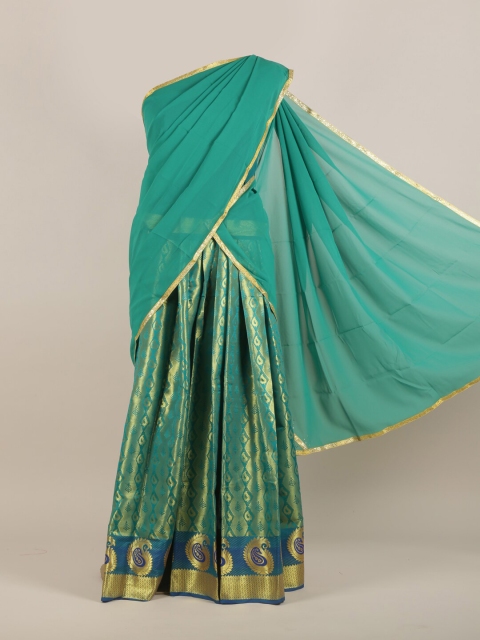 

Pothys Women Sea Green & Gold -Toned Ethnic motifs Traditional Half Saree