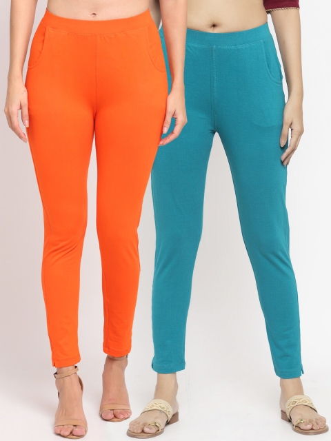 

NEUDIS Women Pack Of 2 Solid Ankle-Length Straight-Fit Leggings, Orange