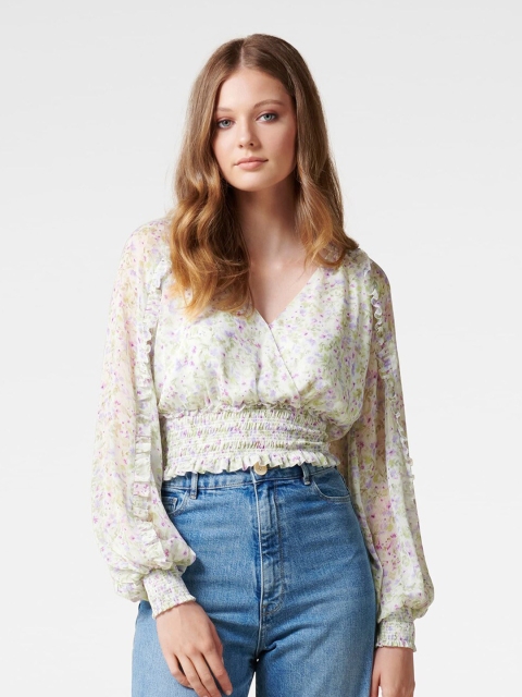 

Forever New Beige Floral Printed Crop Blouson Top