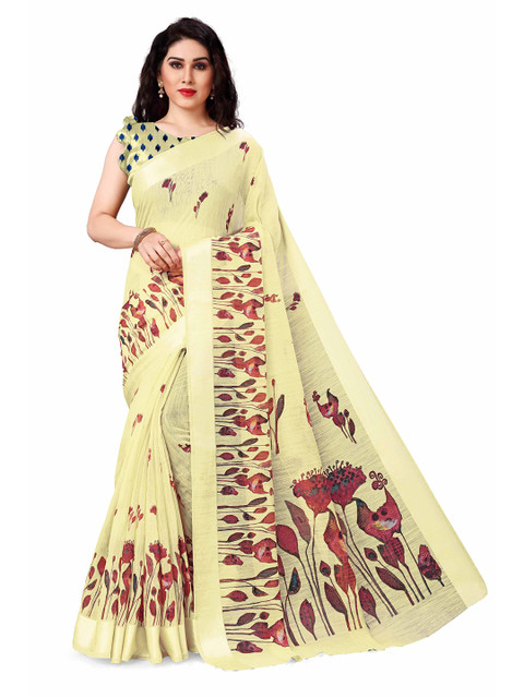 

KALINI Yellow & Red Floral Printed Polycotton Daily Wear Saree