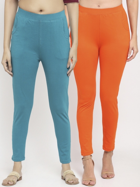 

NEUDIS Women Pack of 2 Solid Ankle Length Leggings, Orange