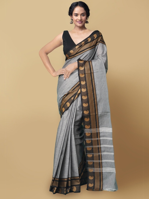 Unnati Silks Grey & Black Pure Cotton Handloom Chettinad Saree