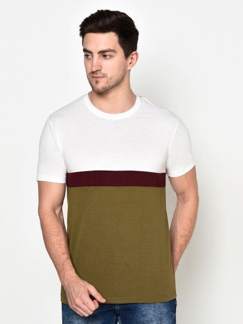 

ELEGANCE Men Olive Green & White Colourblocked T-shirt