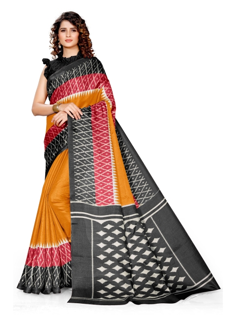 KALINI Mustard & Black Art Silk Checked Print Saree
