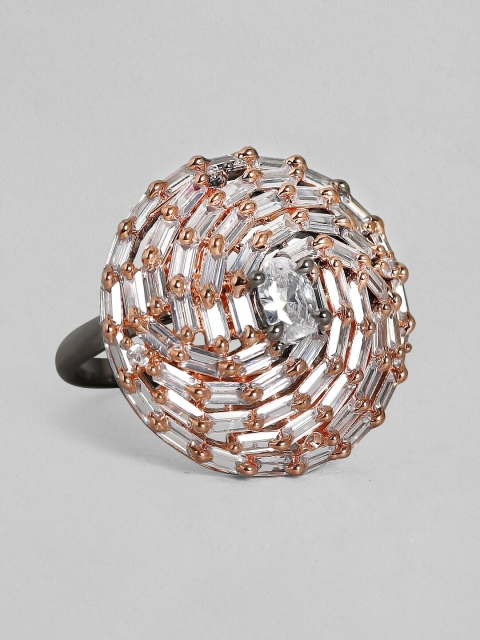

Rubans Women Rhodium-Plated Silver-Toned & Orange CZ-Studded Finger Ring