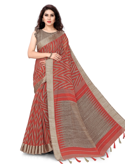 

KALINI Red & Beige Chevron Print Poly Cotton Saree