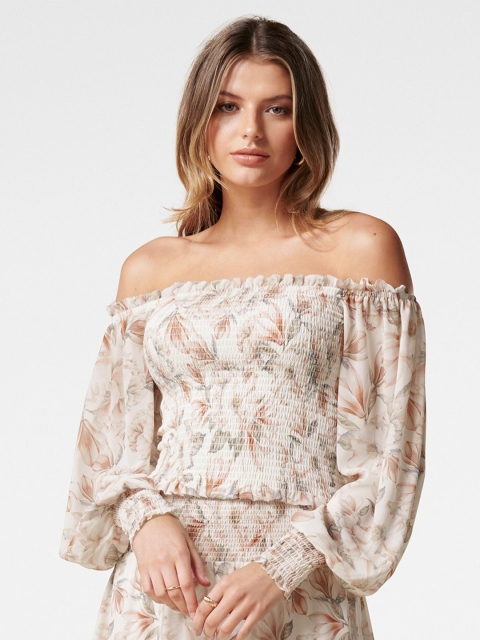 

Forever New Beige Floral Off-Shoulder Crop Top