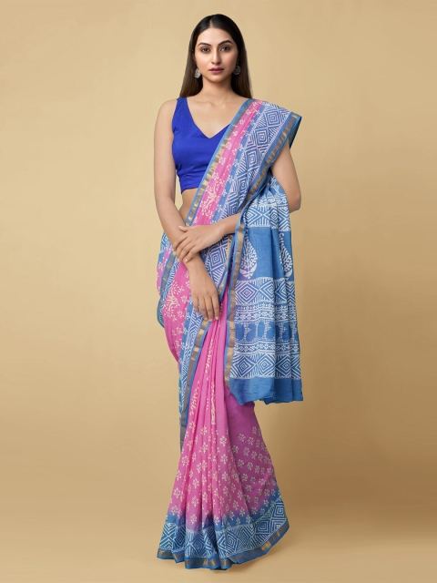 

Unnati Silks Pink & Blue Batik Pure Cotton Block Print Saree
