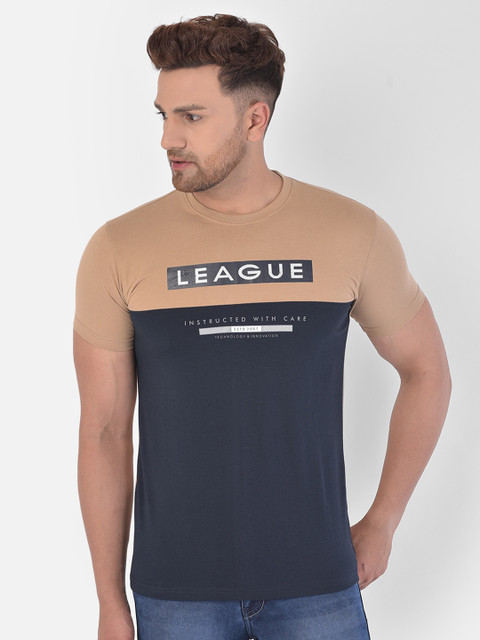 

COBB Men Navy Blue & Brown Colourblocked T-shirt