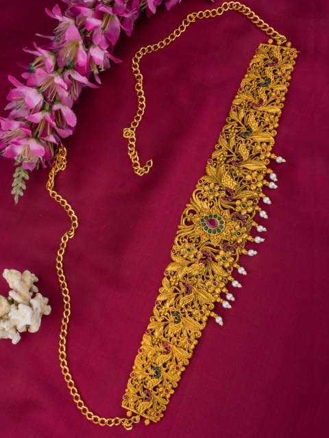 

Alankruthi Gold-Toned Pink & Green Stone-Studded Floral Motif Kamarbandh