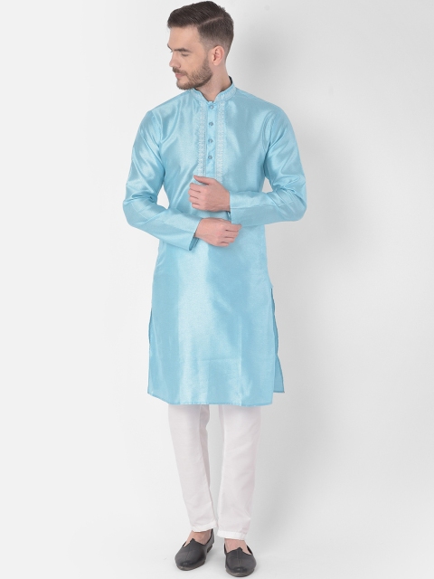 

SG LEMAN Men Turquoise Blue Raw Silk Kurta with Pyjamas
