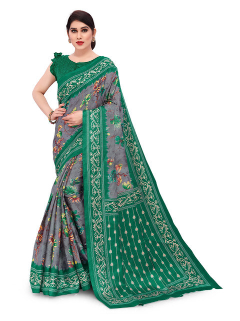 

KALINI Green & Grey Floral Printed Art Silk Saree
