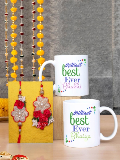 

TIED RIBBONS Set Of 3 Printed Mugs & Rakhi Gift set, Red
