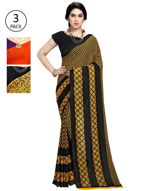 

KALINI Pack of 3 Orange & Yellow Poly Georgette Sarees