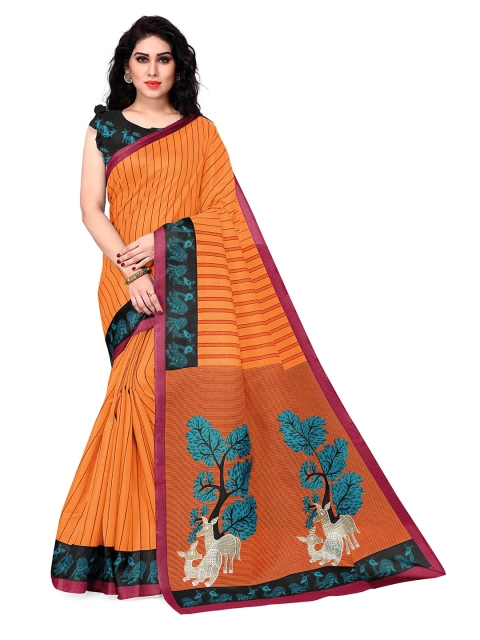 

KALINI Women Orange & Black Printed Art Silk Saree