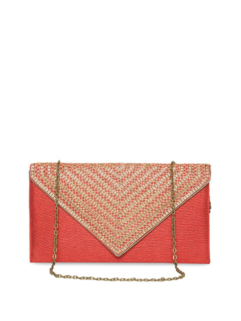 

Fabindia Red & Gold-Toned Embroidered Envelope Clutch