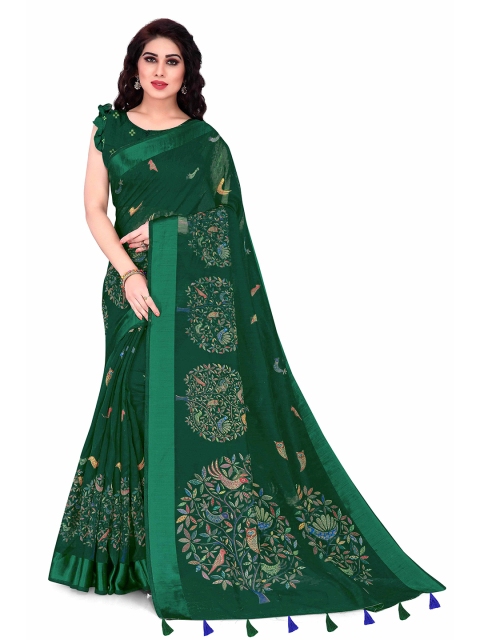 

KALINI Women Bottle Green & Multicolor Block Print Poly Cotton Saree