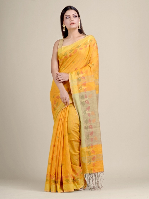 

Charukriti Yellow & Pink Ethnic Motifs Zari Handloom Cotton Blend Saree