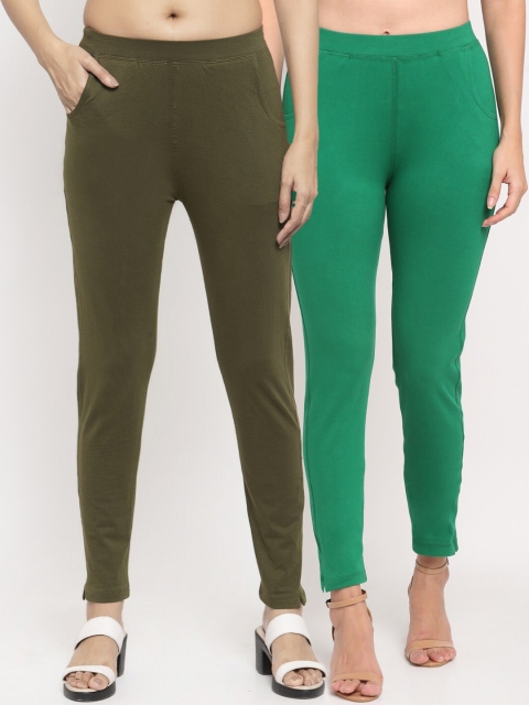 

NEUDIS Women Pack Of 2 Solid Ankle-Length Straight-Fit Leggings, Green