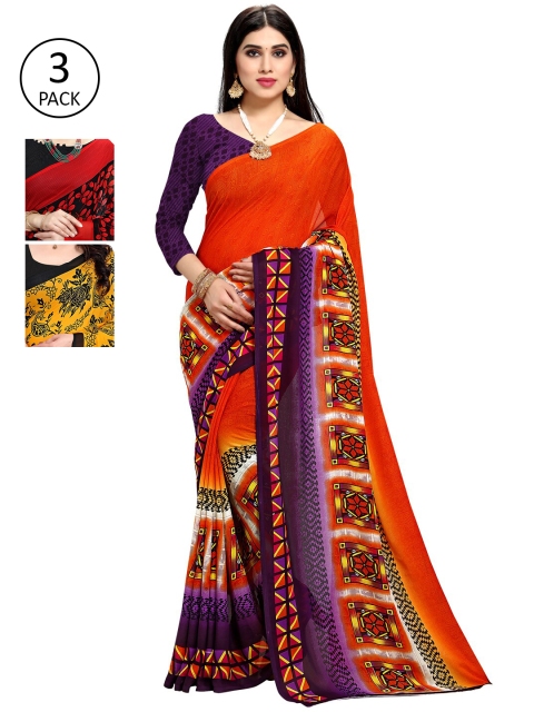 

KALINI Pack of 3 Yellow & Black Poly Georgette Sarees