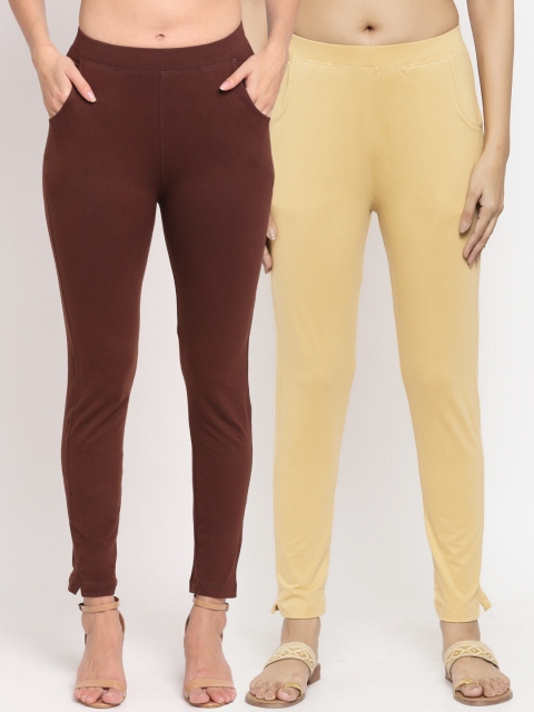

NEUDIS Women Pack Of 2 Solid Straight-Fit Ankle-Length Leggings, Brown