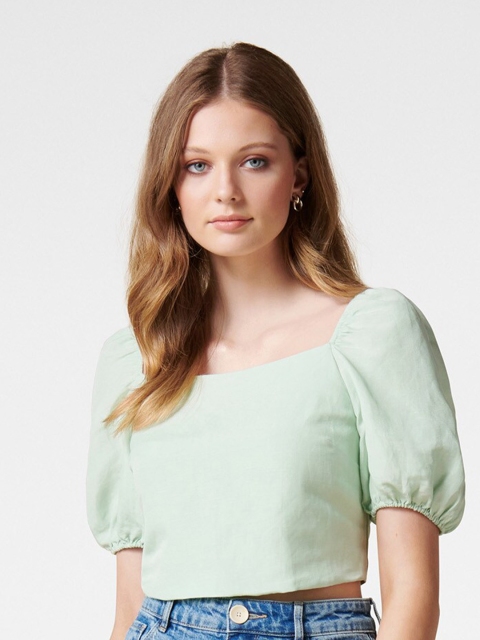 

Forever New Women Green Puff Sleeve Square Neck Linen Crop Top