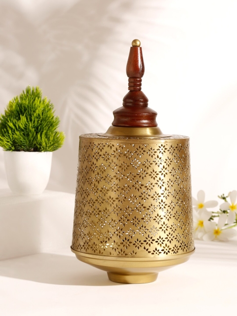 

Fabindia Gold-Toned & Brown Cutwork Candle Holder