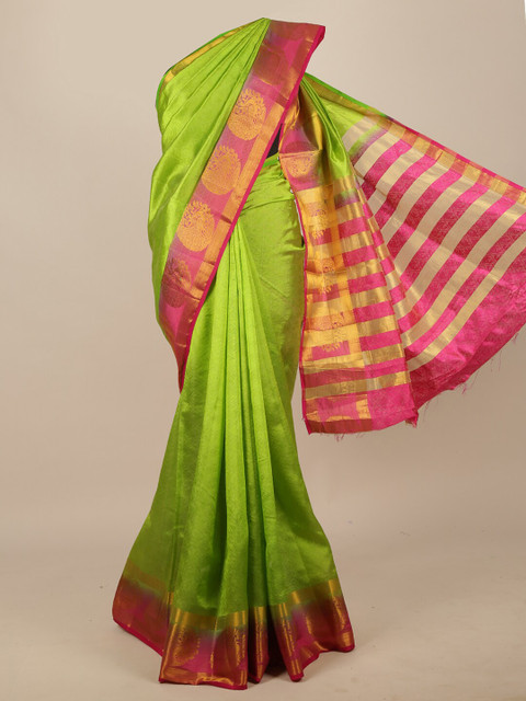 

Pothys Green & Gold-Toned Ethnic Motifs Zari Jute Silk Saree
