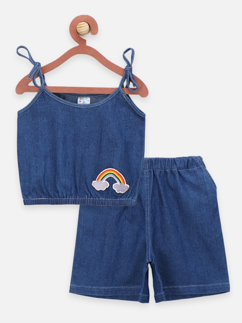

LilPicks Kids-Girls Blue Applique Denim Crop Top With Shorts