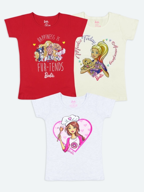 

Barbie Girls Multicoloured Pack of 3 Printed Applique T-shirt, Red
