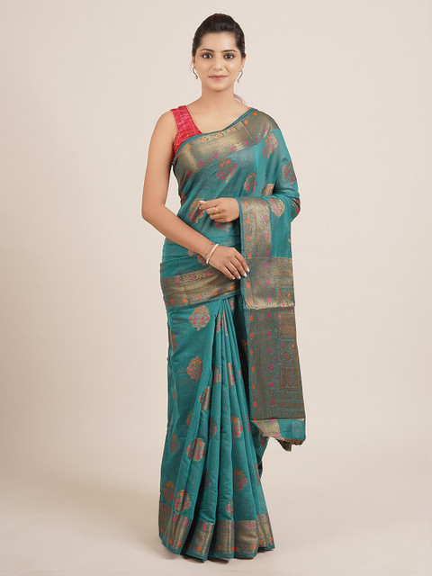 

Pothys Teal & Pink Floral Zari Jute Silk Saree
