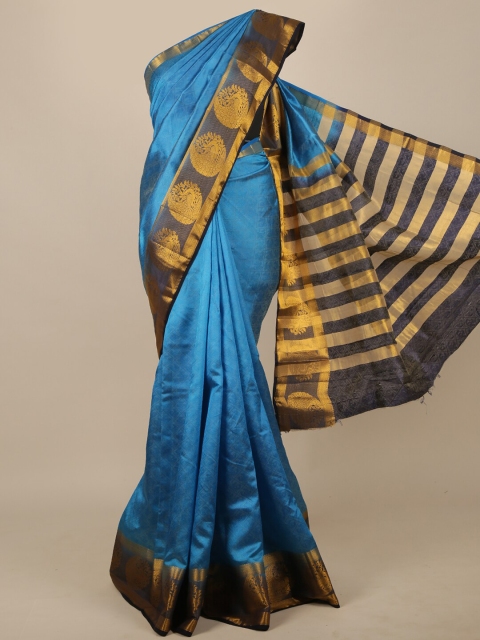 

Pothys Blue & Gold-Toned Floral Jute Silk Saree