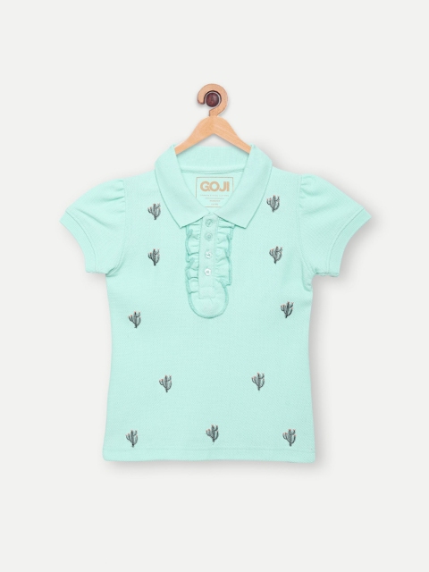 

GOJI Girls Sea Green Printed Polo Collar T-shirt