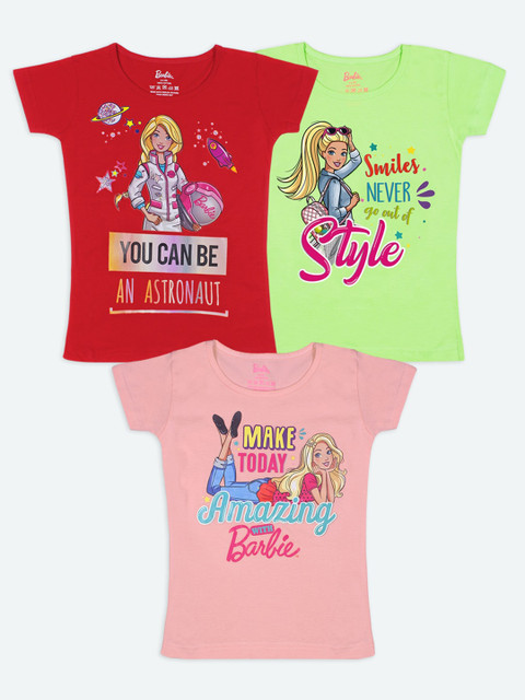 

Barbie Set of 3 Girls Typography Printed Applique T-shirts, Multi