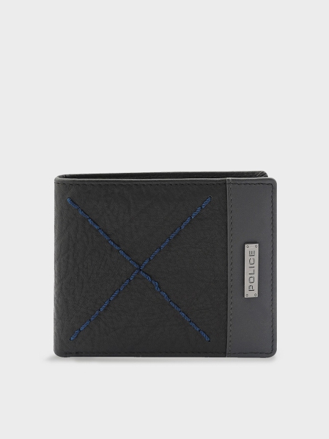 

Police Men Black Textured Embroidered Leather Two Fold Wallet