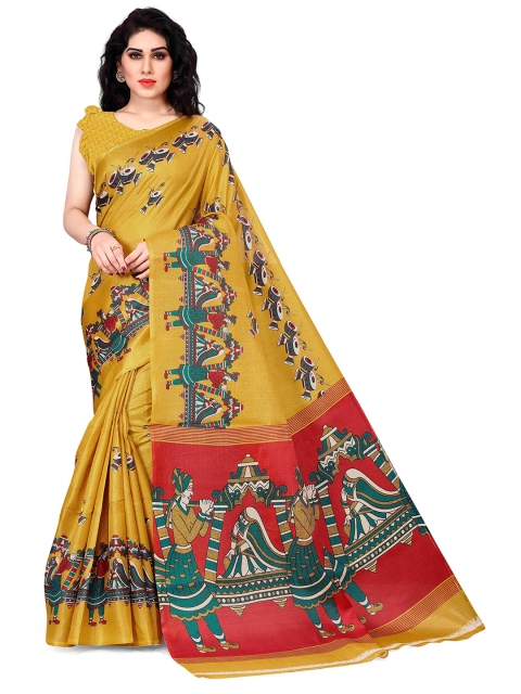 

KALINI Mustard & Red Ethnic Motifs Art Silk Baluchari Saree