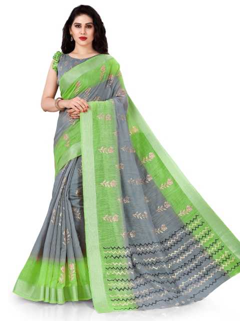 

KALINI Green & Grey Floral Zari Saree