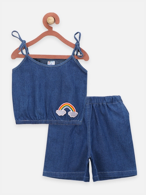 

LilPicks Girls Blue Printed Denim Top with Shorts