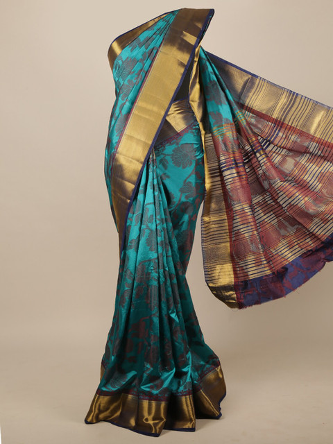 

Pothys Green & Gold-Toned Floral Zari Jute Silk Saree