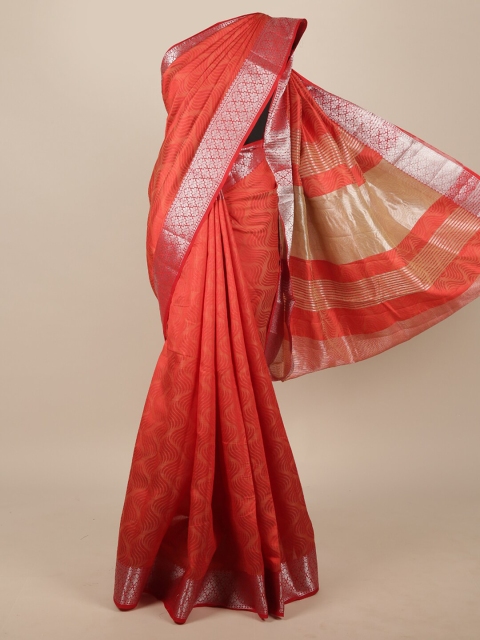 

Pothys Orange & Silver-Toned Woven Design Zari Jute Silk Saree