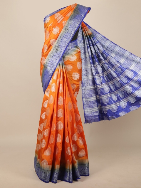 

Pothys Orange & Blue Floral Zari Jute Silk Saree