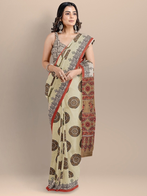 

BharatSthali Beige & Brown Floral Pure Cotton Block Print Saree