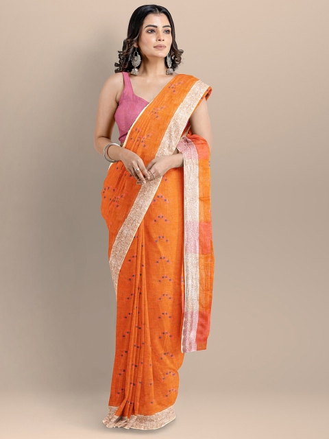 

BharatSthali Orange & Blue Woven Design Pure Linen Jamdani Saree