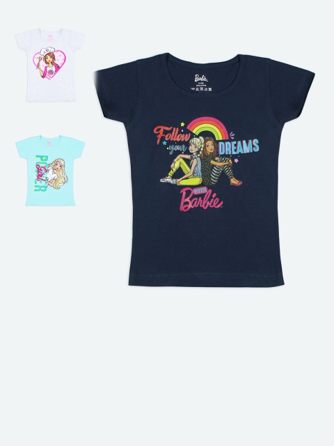 Barbie Girls Navy Blue, White & Blue Pack of 3 Printed Applique T-shirt