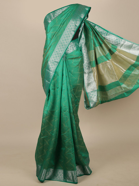 

Pothys Green & Silver-Toned Woven Design Jute Silk Saree