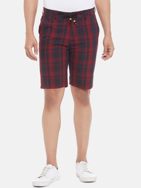 

People Men Red & Navy Blue Checked Mid-Rise Regular Shorts