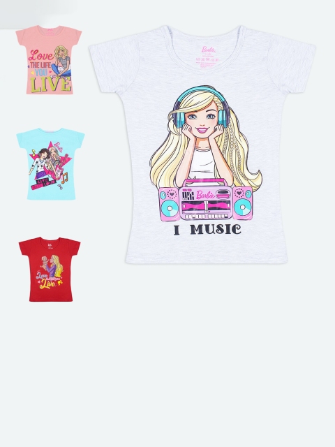 

Barbie Girls Pack Of 4 Barbie Printed Cotton Pure Cotton T-shirts, Red