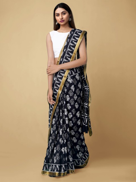 

Unnati Silks Black & White Ethnic Motifs Mulmul Cotton Hand Block Print Saree
